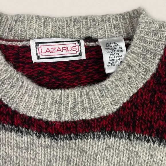Vintage Wool Blend Sweater Striped Crew neck Lazarus Red TanSize Large